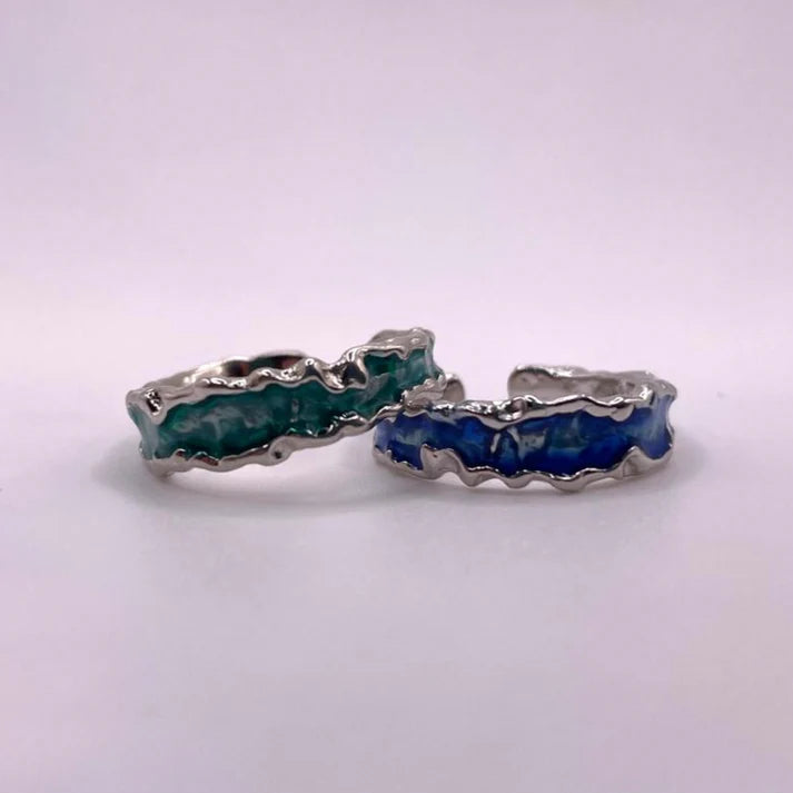 Ocean Blue & Green Enamel Wave 925 Sterling Silver Ring