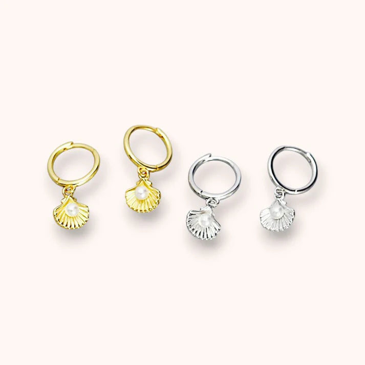 Shell Pearl Huggie Earrings – 925 Sterling Silver