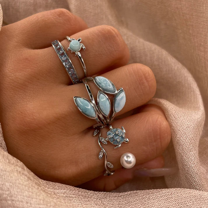 Blue Sea Turtle Open 925 Sterling Silver Ring | Ocean-Inspired Adjustable Ringt